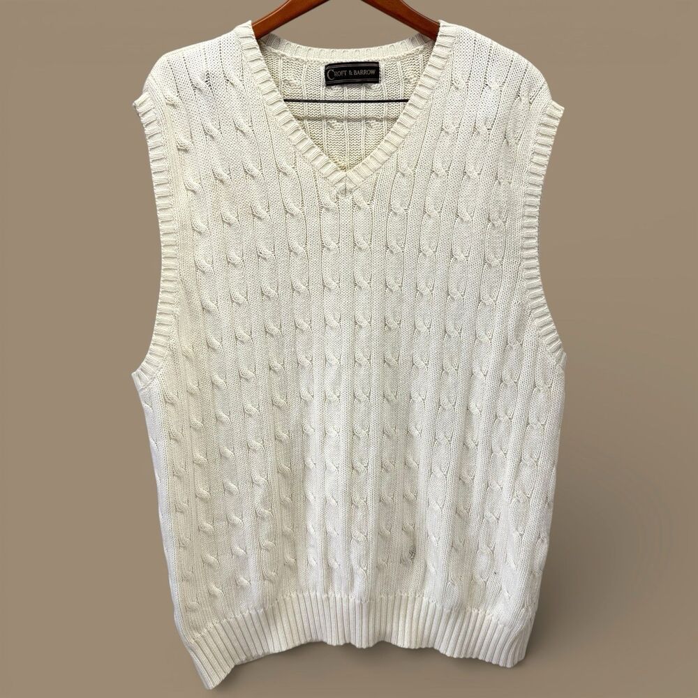 Mens Cable Knit Sweater Vest XL Ivory V Neck Pullover Knit Cotton Prep Academia